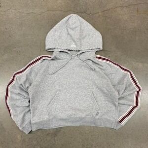 TNA Heather Grey Cropped Hoodie with‎ Red White Navy Stripe Sleeves